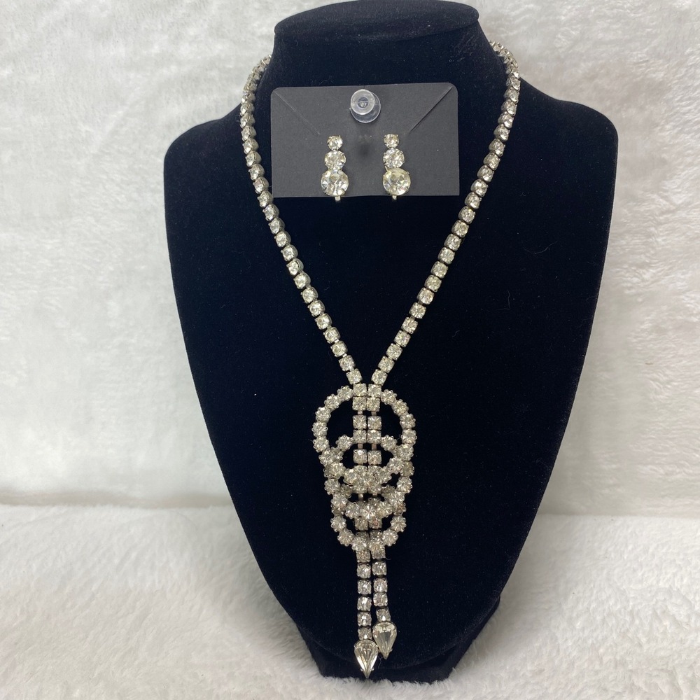 Vintage MCM Rhinestone Lariat Style Necklace and Earrings Set‎